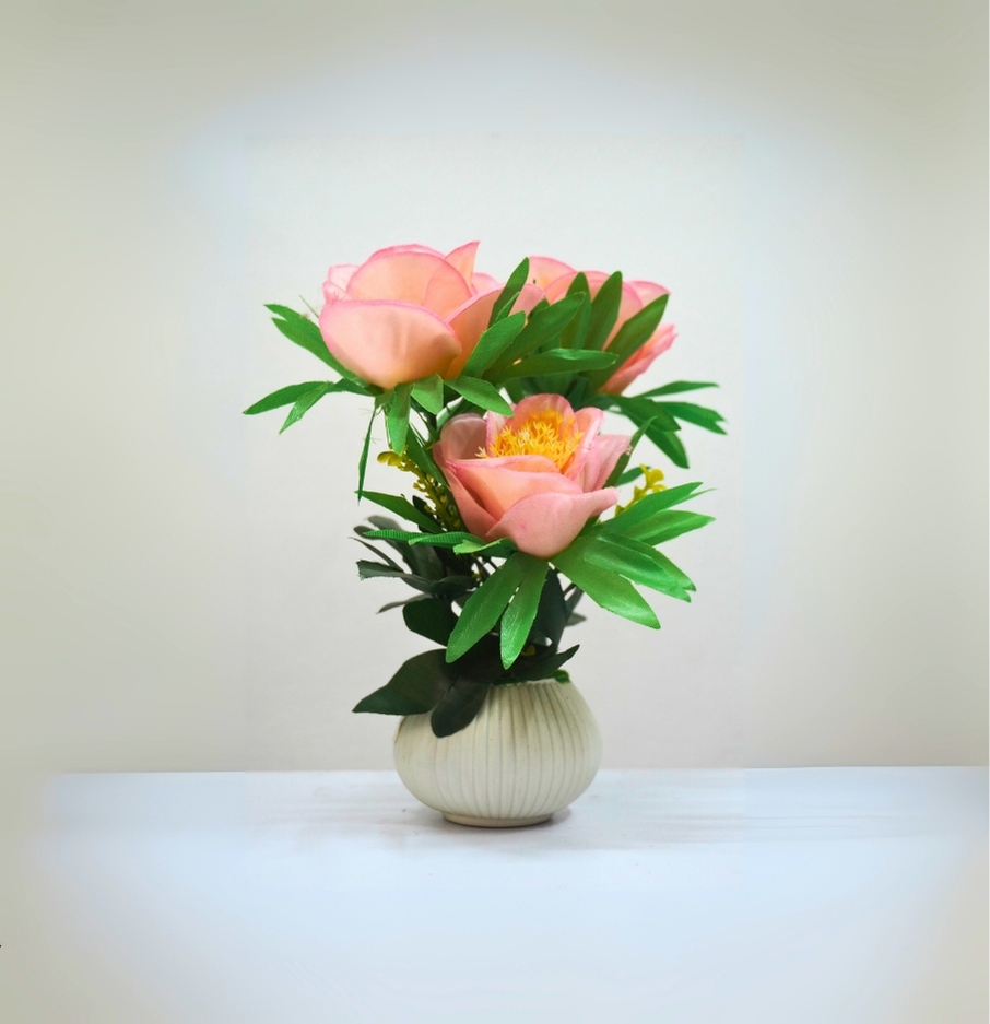 Artificial Pink Peony Flower Arrangement in White Ceramic Vase – Home Decor